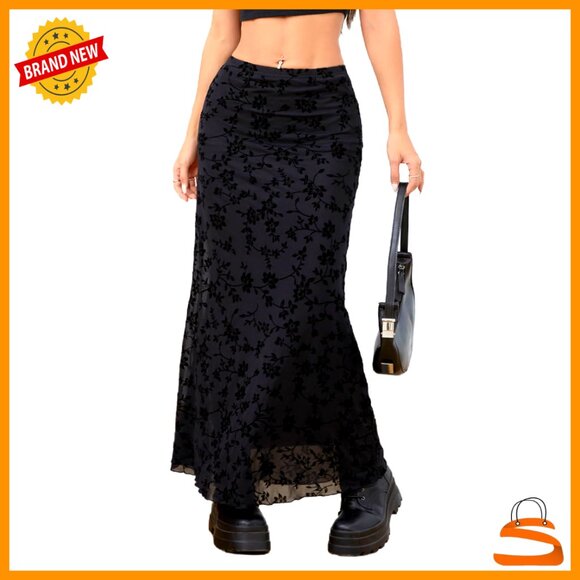 Dresses & Skirts - Floral Print Mesh Long Skirt Low Waist Flare Hem Fishtail Y2K Style